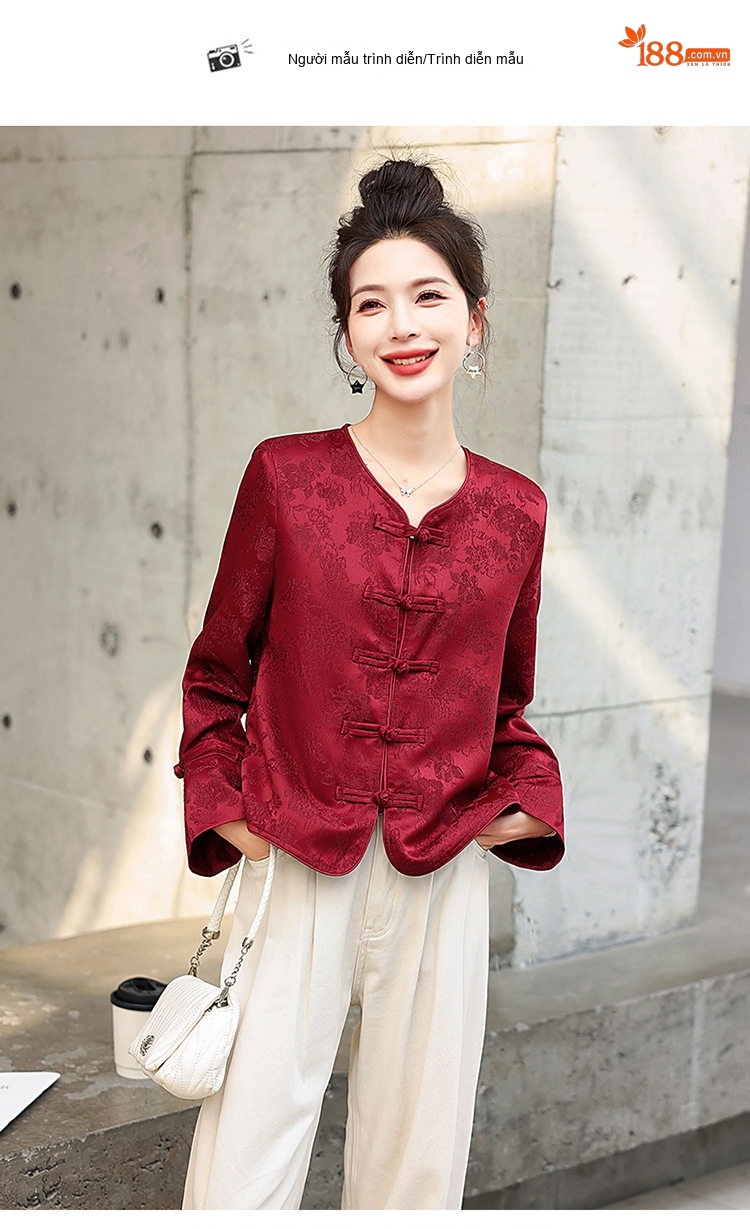 Áo Khoác Lửng Nữ Họa Tiết Jacquard Phong Cách Trung Hoa Cổ Điển Màu Đỏ, Đen chi tiết 12