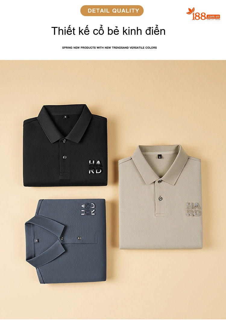 Áo Polo Nam Cotton Sợi Mịn Cộc Tay Form Rộng Màu Kem, Đen, Xám chi tiết 2