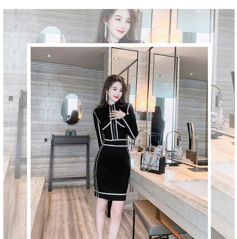 Váy Ôm Body Nữ Tay Dài Cổ Cao Màu Đen Trắng chi tiết 1