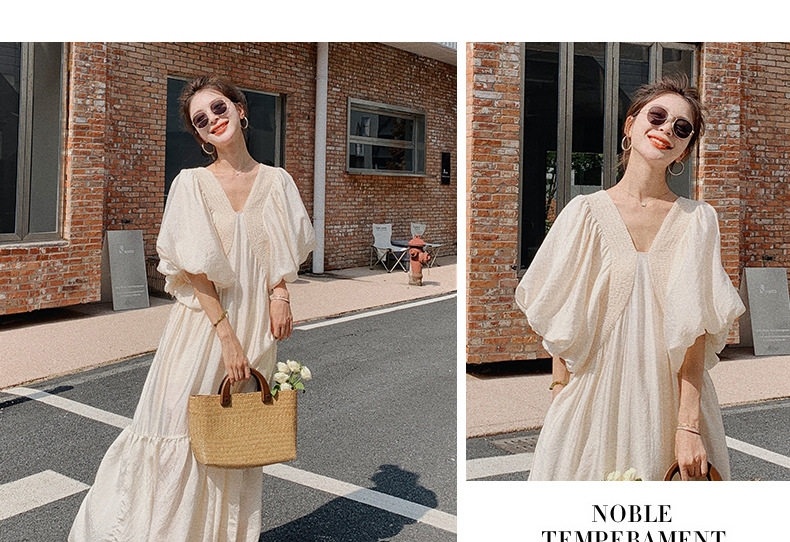 Váy Dài Nữ Tay Phồng Cổ chữ V Khoét Sâu Dáng Xòe Thắt Eo Phong Cách Pháp Màu Trắng Kem chi tiết 12