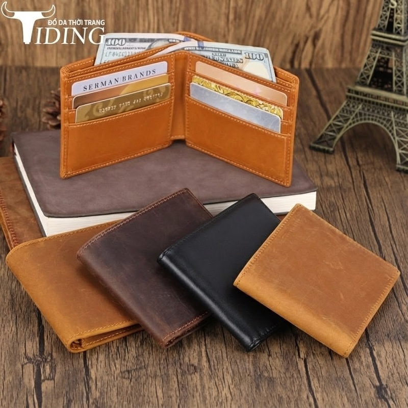 Ví Ngắn Nam Da Bò RFID Chống Trộm Cổ Điển Màu Nâu, Đen