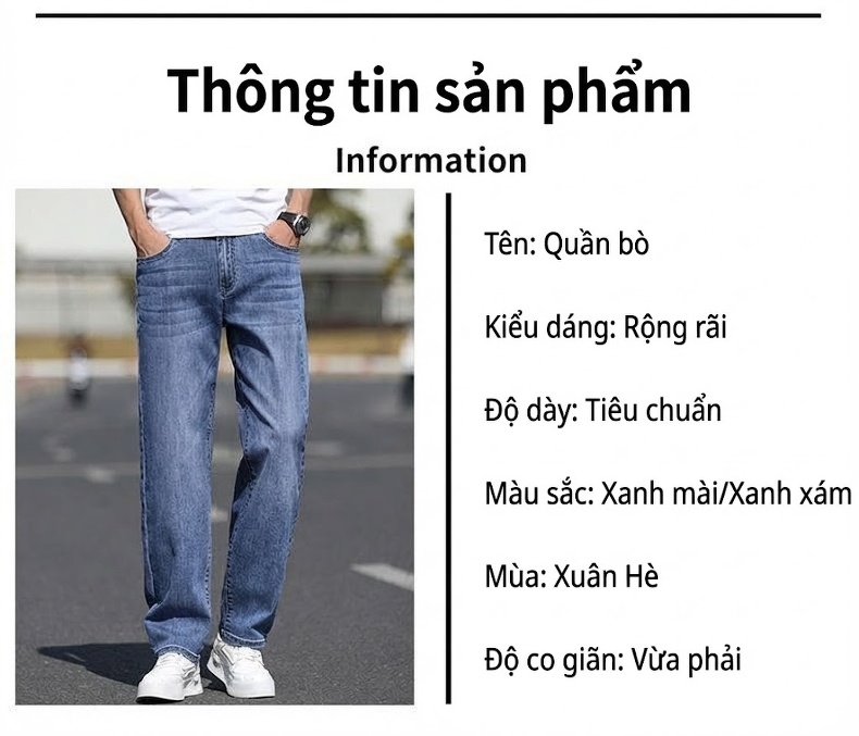 Quần Jean Nam Ống Đứng Dáng Rộng Co Giãn Thoải Mái Màu Xanh Đậm, Xanh Nhạt chi tiết 11