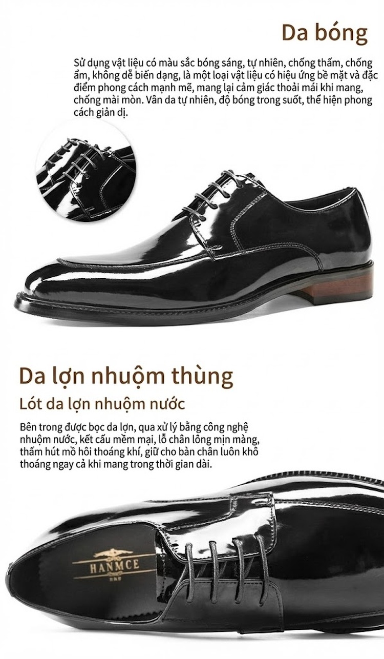 Giày Tây Buộc Dây Nam Da Bóng Chiều Cao Đế Khoảng 3cm Màu Đen chi tiết 2