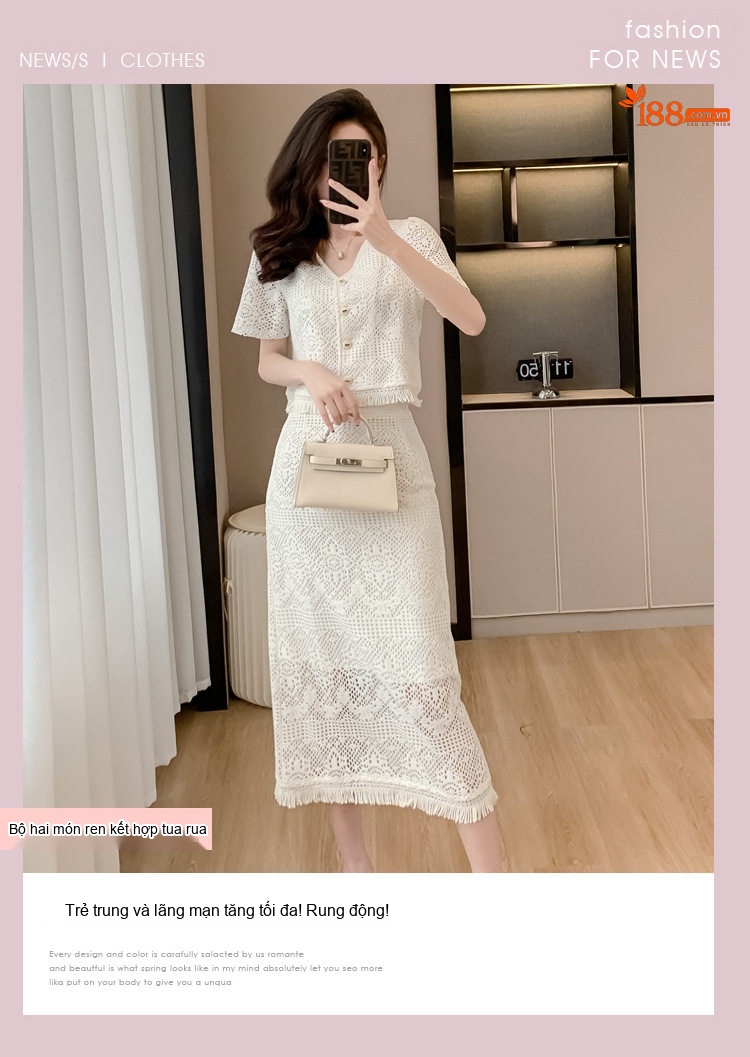 Set Bộ Áo Ren Cộc Tay Và Chân Váy Dáng Dài Đi Biển Phong Cách Pháp Màu Trắng chi tiết 1