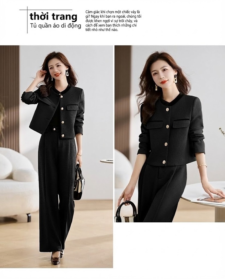 Bộ Vest Nữ Quần Ống Rộng Công Sở Thanh Lịch Màu Đen, Xanh Rêu, Nâu chi tiết 28