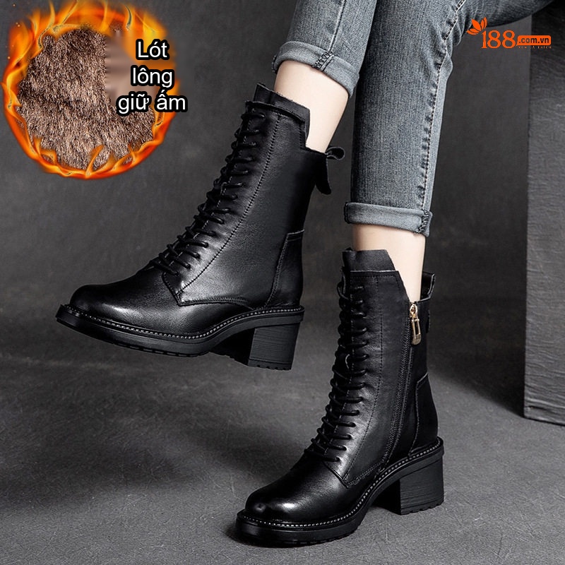 Boot Martin Nữ Da Bò Gót Vuông Chiều Cao Đế Khoảng 5cm Khóa Kéo Bên Hông Màu Đen, Nâu