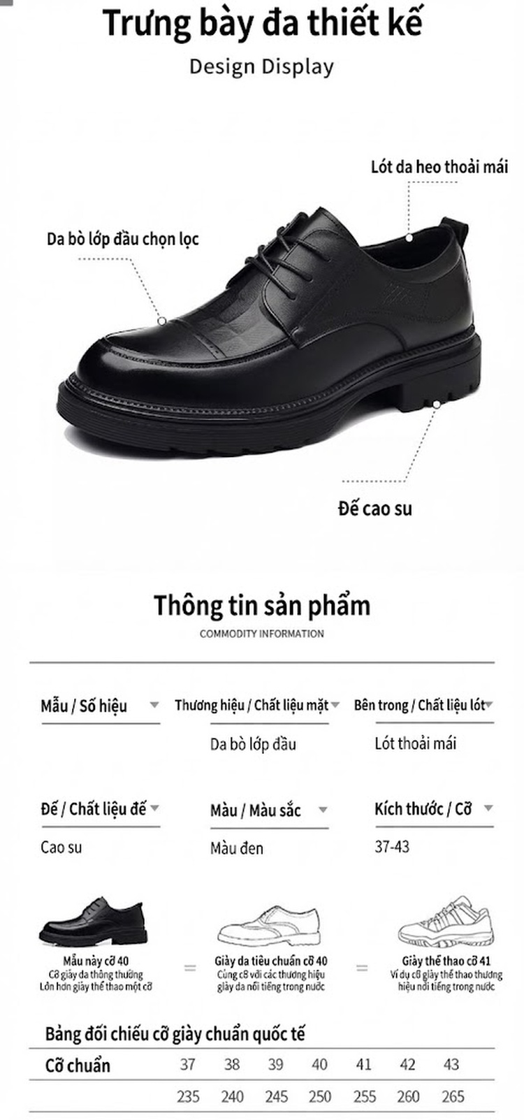 Giày Tây Buộc Dây Nam Da Bò Cao Cấp Chiều Cao Đế Khoảng 3cm Màu Đen chi tiết 5