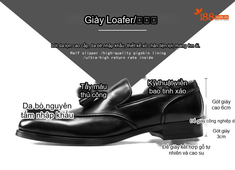 Giày Lười Nam Da Bóng Mũi Nhọn Chiều Cao Đế Khoảng 3cm Màu Nâu, Đen chi tiết 2