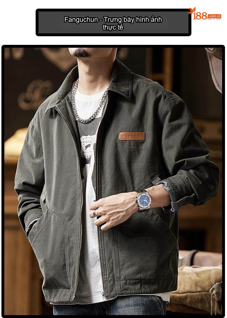 Áo Khoác Bomber Nam Cotton Dáng Ngắn Màu Xám, Xanh Rêu chi tiết 11