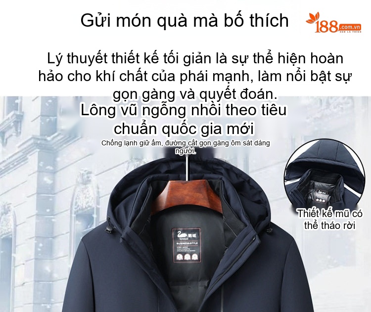 Áo Khoác Phao Nam Lông Ngỗng 90 Kiểu Dáng 5 in 1 Tháo Rời Mũ Màu Đen, Xanh Navy chi tiết 3