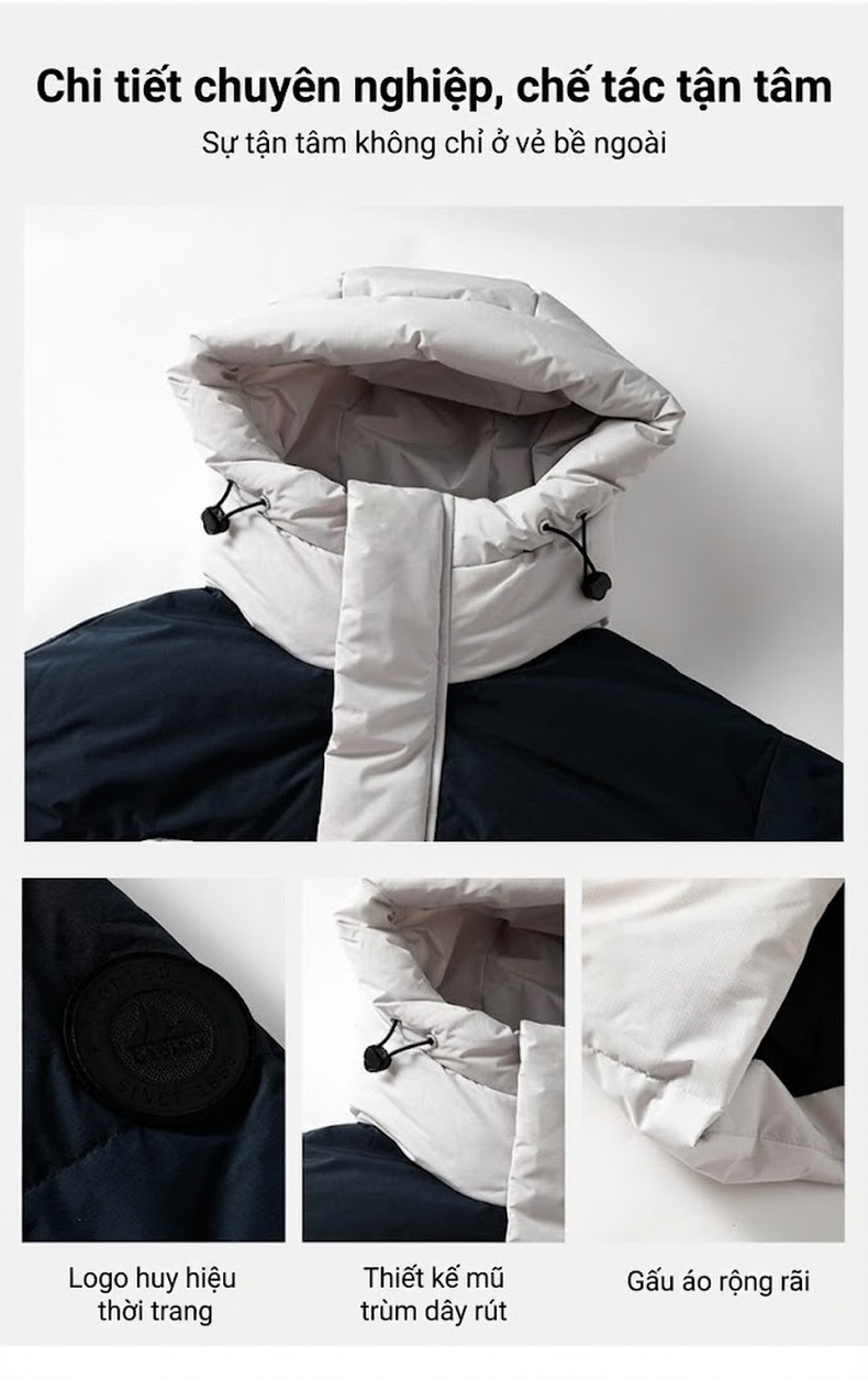 Áo Phao Dáng Dài 90% Lông Vịt Trắng Mũ Trùm Đầu Dày Dặn Phong Cách Unisex Màu Đen, Trắng, Xanh Navy chi tiết 11