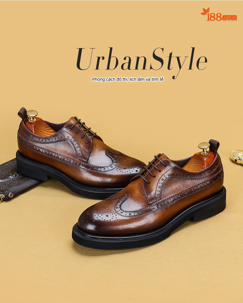 Giày Tây Brogue Nam Da Thật Lót Lông Chiều Cao Đế Khoảng 3.5cm Màu Đen, Nâu chi tiết 5