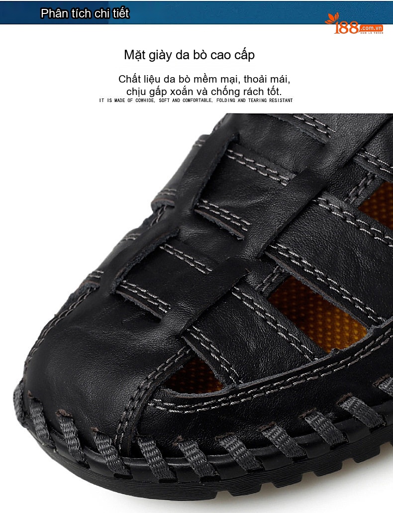 Dép Sandal Nam Da Thật Thủ Công Quai Dán Thoáng Khí Chiều Cao Đế Khoảng 2cm Màu Nâu, Đen chi tiết 8