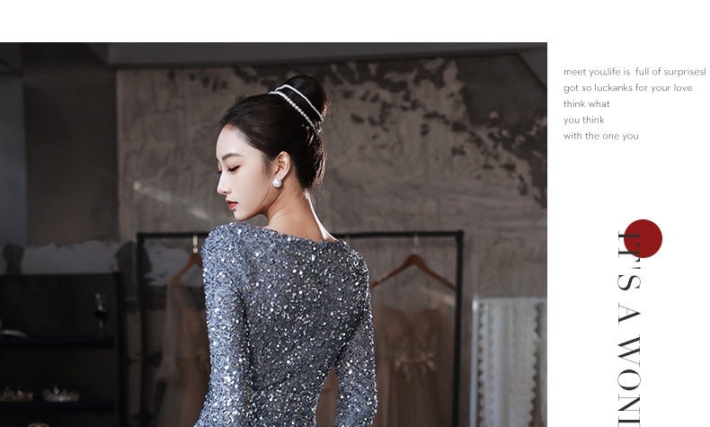 Đầm Dạ Hội Nữ Lấp Lánh Xẻ Tà Dáng Dài Tay Dài Màu Bạc, Vàng Đồng chi tiết 20