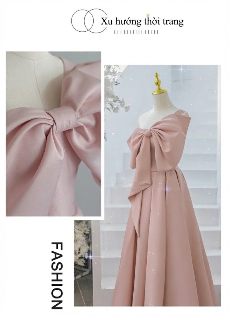 Váy Dạ Hội Nữ Hở Vai Đính Nơ Lớn Màu Hồng chi tiết 2