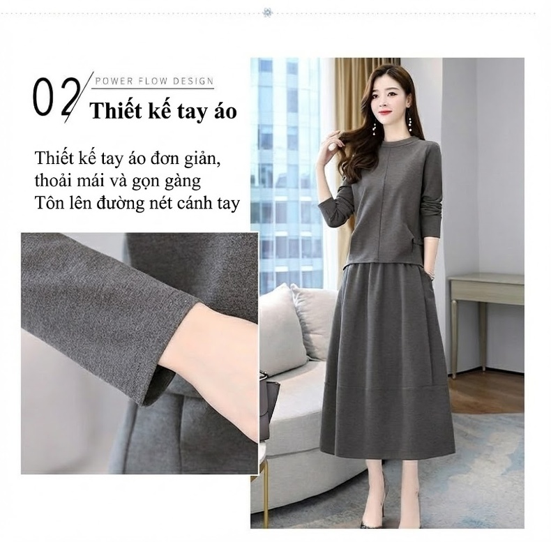 Váy Dài Tay Nữ Bộ Hai Món Phong Cách Quý Cô Màu Xám, Nâu, Đen, Xanh Navy chi tiết 9