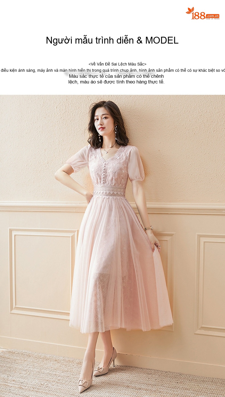 Váy Lưới Pháp Nữ Dáng Dài Chiết Eo Tôn Dáng Màu Trắng, Hồng chi tiết 10
