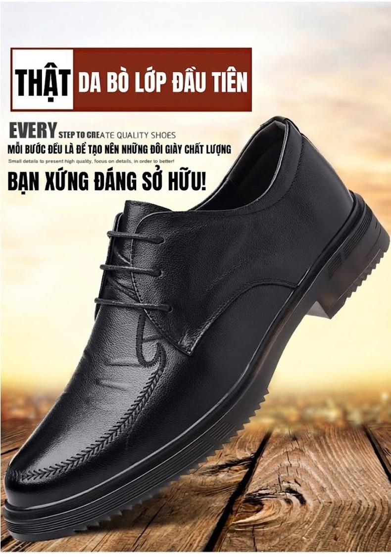 Giày Lười Nam Da Bò Đầu Tròn Chiều Cao Đế Khoảng 3cm Màu Đen chi tiết 2