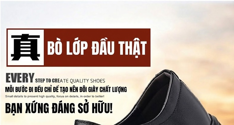 Giày Tây Buộc Dây Nam Da Bò Chiều Cao Đế Khoảng 3cm Màu Đen chi tiết 1