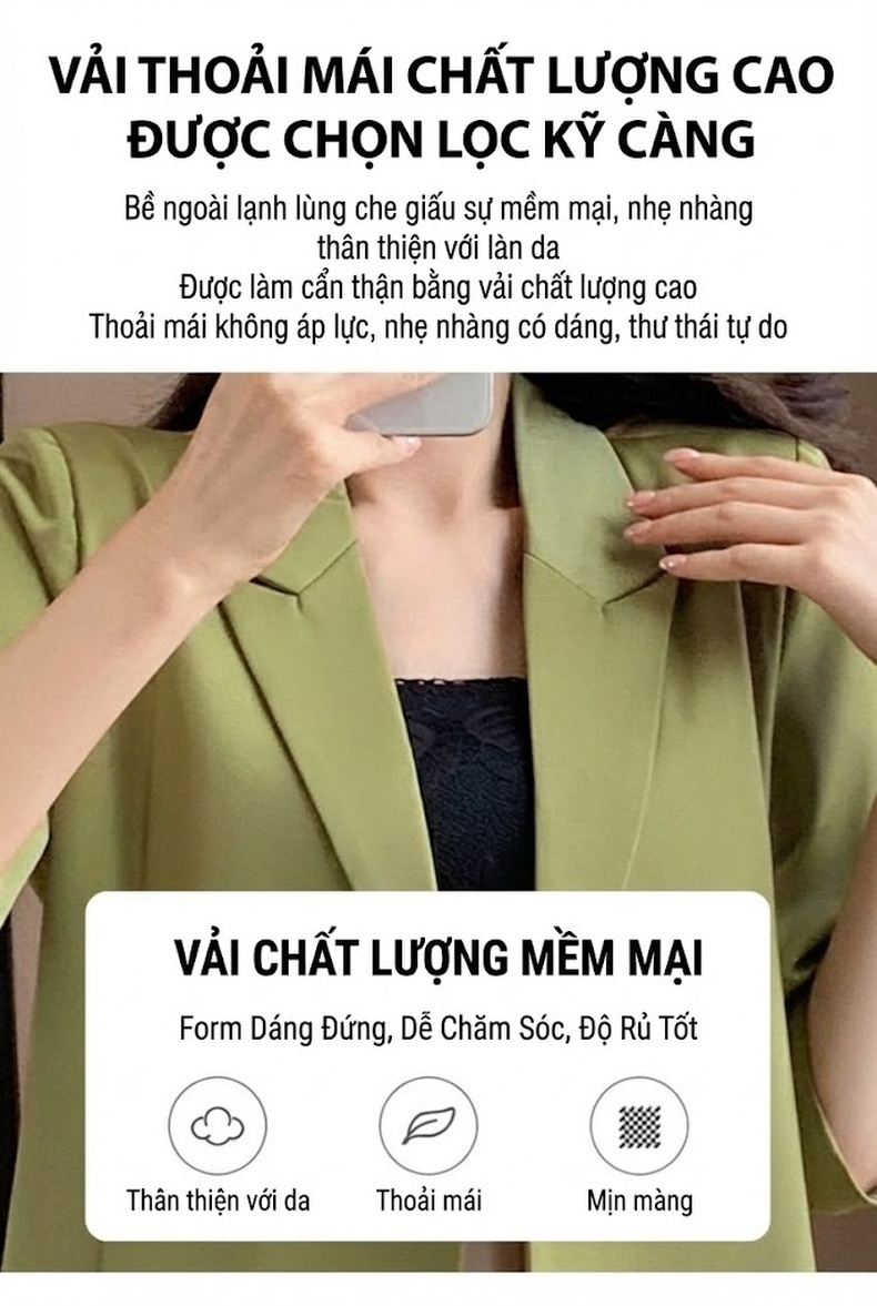 Bộ Vest Nữ Mùa Hè Áo Blazer Tay Lỡ Quần Short Ống Rộng Màu Xanh Lá, Kaki chi tiết 11