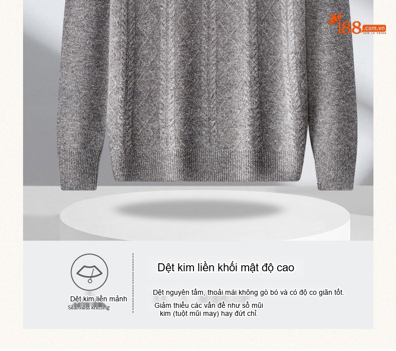 Áo Len Nam 100% Lông Cừu Cashmere Dệt Kim Cổ Bán Tròn Họa Tiết Màu Nâu, Xám, Xanh Đen... chi tiết 8