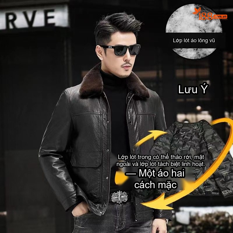 Áo Khoác Da Thật Nam Lớp Đầu Tiên Da Bò Sáp Dầu Cổ Lông Chồn Kiểu Dáng Thời Trang Mới Thu Đông Màu Đen, Nâu chi tiết 7