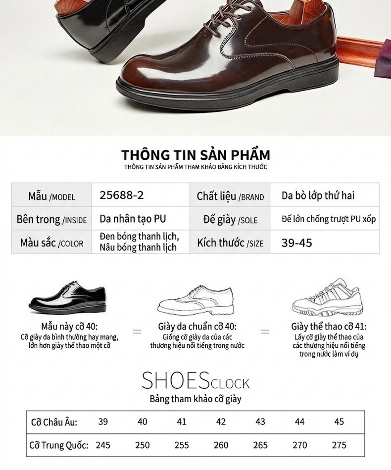 Giày Tây Buộc Dây Nam Da Bóng Chiều Cao Đế Khoảng 3cm Màu Đen, Nâu chi tiết 10