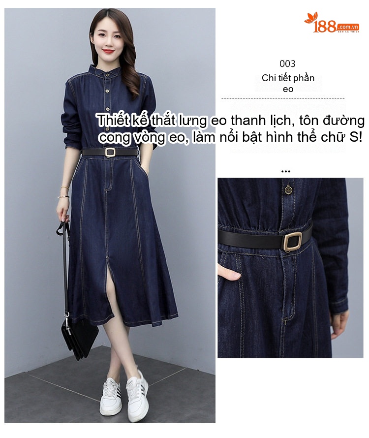 Váy Dài Tay Nữ Denim dáng chữ A Cổ Điển Thanh Lịch chi tiết 6