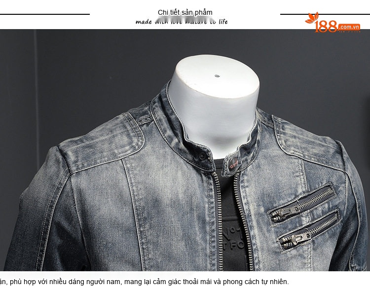 Áo Khoác Biker Nam Slim Fit Cổ Trụ Khóa Kéo Phong Cách Thời Trang chi tiết 7