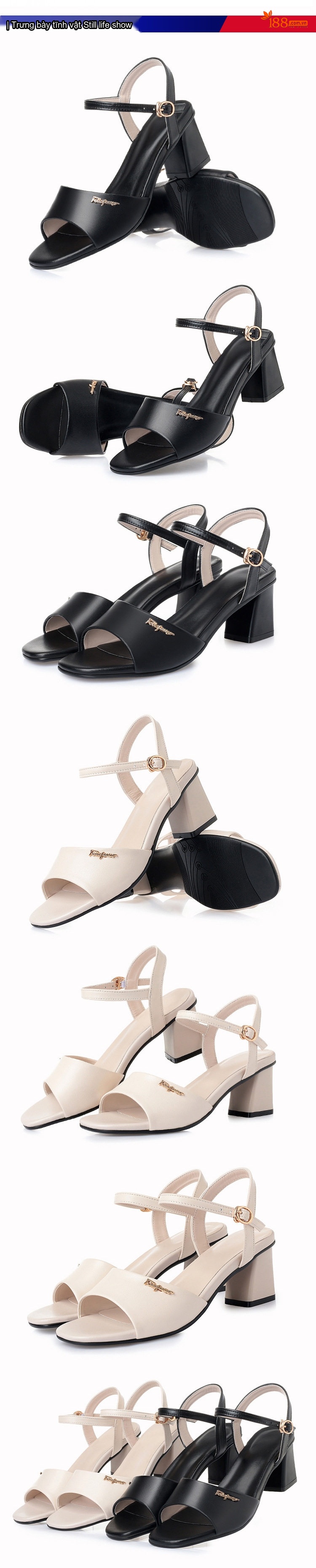 Giày Sandal Cao Gót Nữ Quai Ngang Hở Ngón Gót Vuông Da Bóng Gót Cao 7cm - 8cm Màu Kem, Đen chi tiết 8