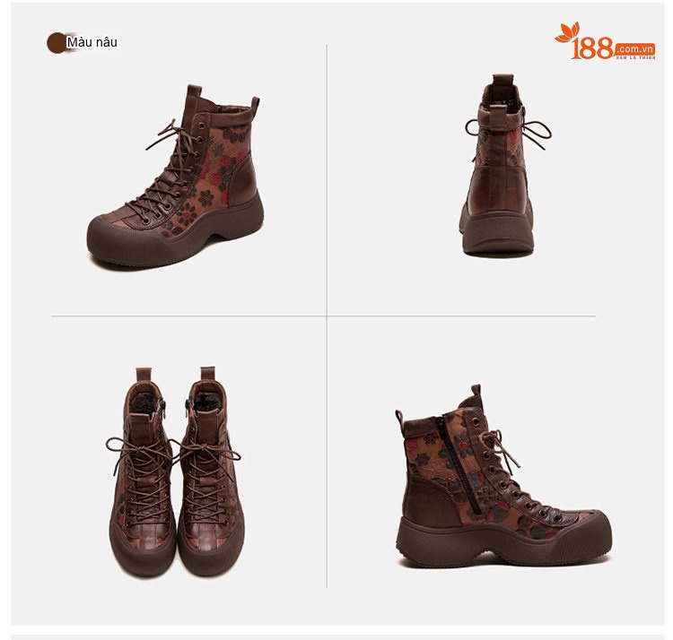 Giày Boot Nữ Cổ Cao Buộc Dây Họa Tiết Phong Cách Vintage Chiều Cao Đế Khoảng 4cm Màu Đen, Nâu chi tiết 17