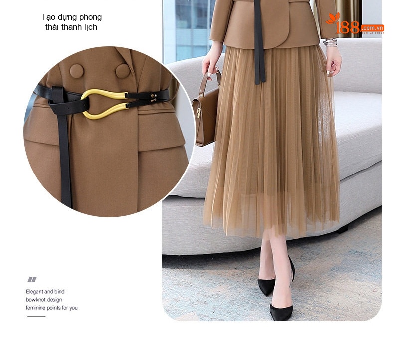 Bộ Vest Blazer Nữ Chân Váy Lưới Dáng Dài Thời Trang Thu Đông Màu Nâu, Đen, Xanh, Cam chi tiết 15