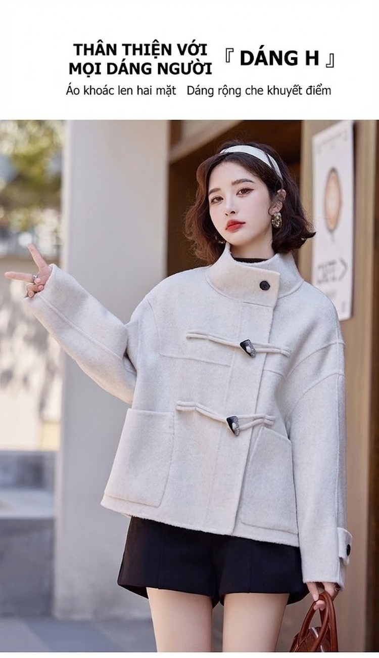 Áo Khoác Lông Cừu Nữ Dáng Ngắn Cúc Sừng Phong Cách Hàn Quốc Màu Đen, Xám, Trắng, Xanh Navy chi tiết 8