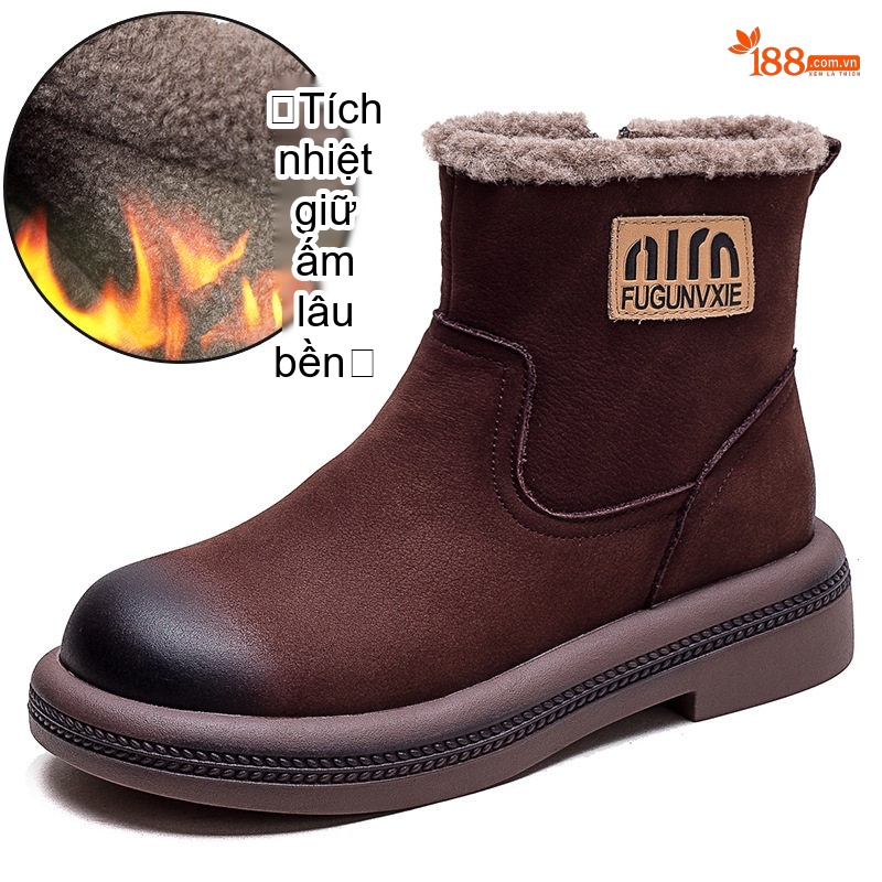 Boot Nữ Ngắn Cổ Lót Lông Giữ Ấm Mùa Đông Chiều Cao Đế Khoảng 3cm Màu Nâu