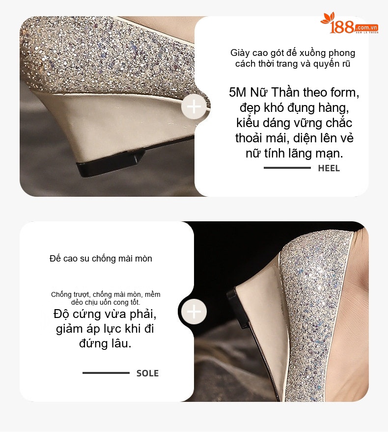 Giày Cao Gót Nữ Đế Xuồng Hở Lưng Mũi Nhọn Chiều Cao Đế Khoảng 5cm Màu Vàng Kim, Bạc chi tiết 1