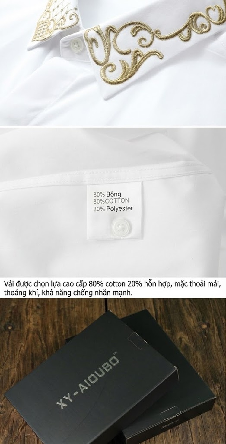 Áo Sơ Mi Nam Tay Dài Ôm Body Thêu Họa Tiết Cổ Điển Màu Đen, Trắng chi tiết 11