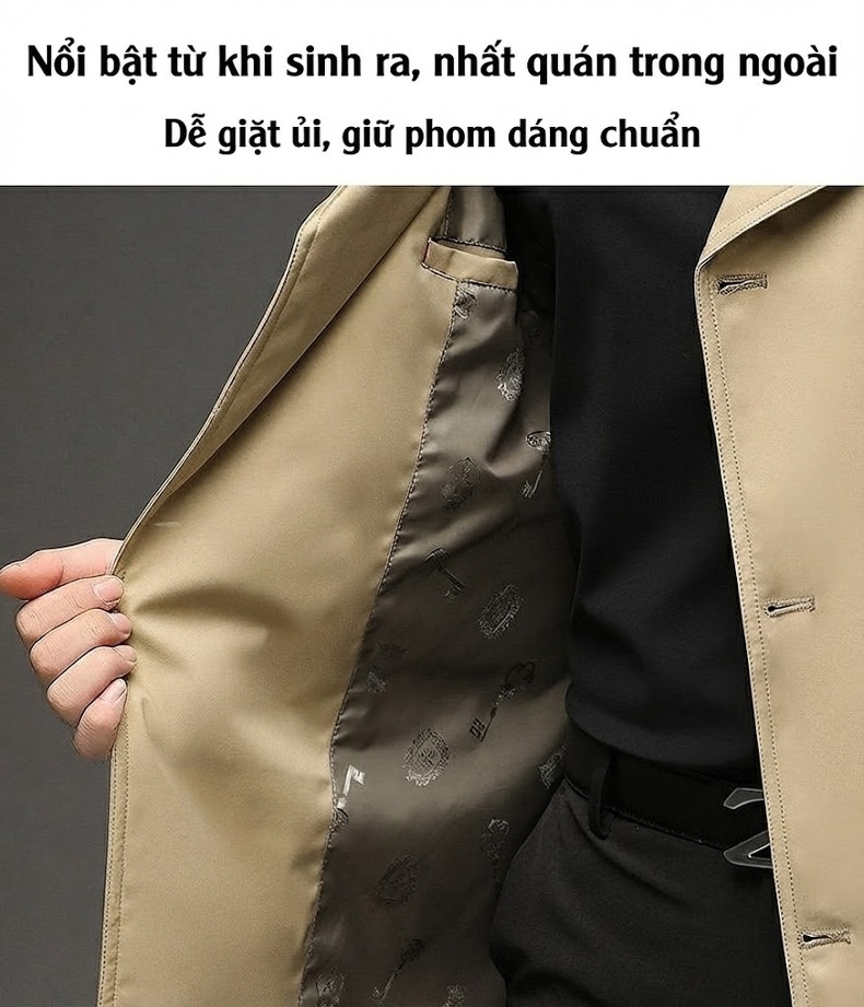 Áo Khoác Mangto Nam Dáng Dài Vừa Vặn Hai Hàng Khuy Màu Be, Xanh Navy, Đen chi tiết 5