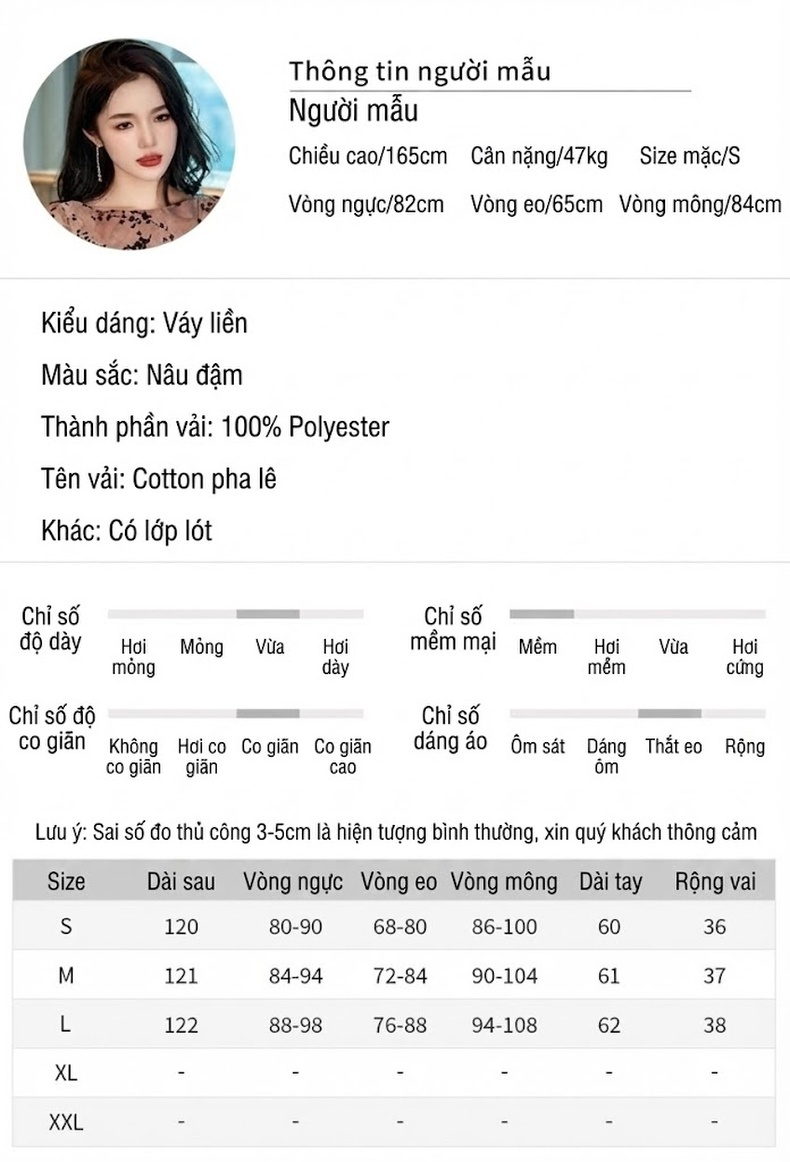 Váy Đầm Nữ Dáng Ôm Body Vải Nhung Dệt Kim Phối Lưới Tay Dài Cổ Điển Màu Nâu chi tiết 2