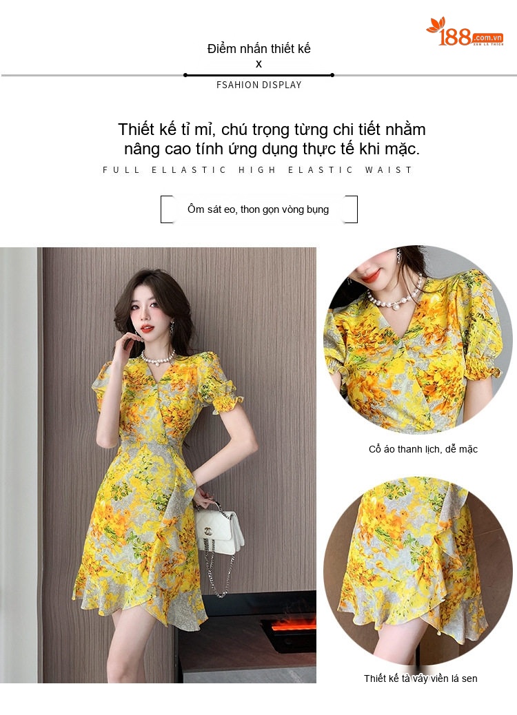 Váy Voan Hoa Nhí Nữ Tay Ngắn Xẻ Tà Dáng Ôm Dự Tiệc Màu Vàng, Xám chi tiết 1