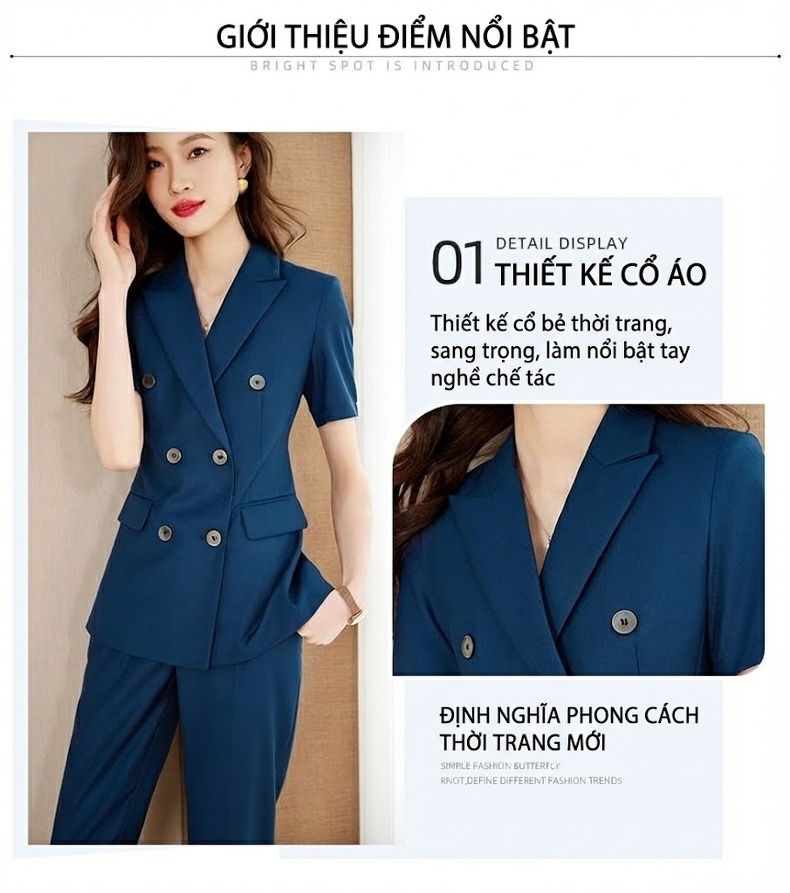 Bộ Vest Công Sở Nữ Tay Ngắn Mỏng Nhẹ Màu Xám, Xanh Than chi tiết 6