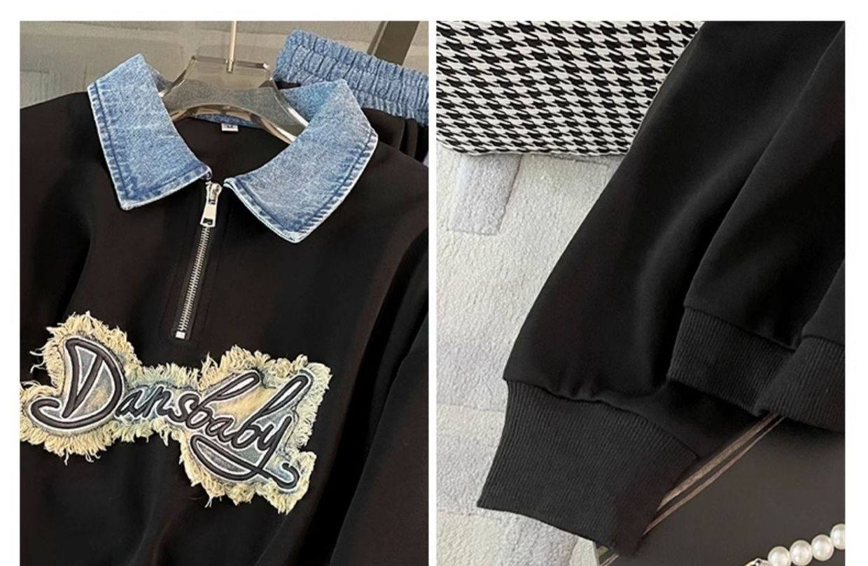 Bộ Đồ Nữ Áo Hoodie Tay Dài Quần Ống Rộng Phong Cách Casual Màu Đen chi tiết 7