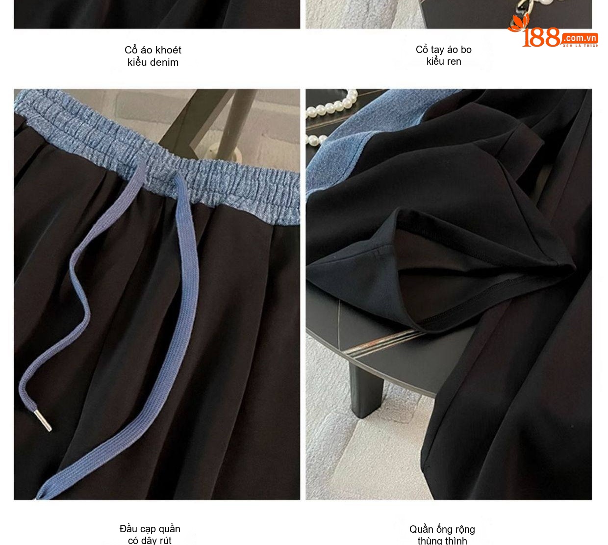 Bộ Đồ Nữ Áo Hoodie Tay Dài Quần Ống Rộng Phong Cách Casual Màu Đen chi tiết 8
