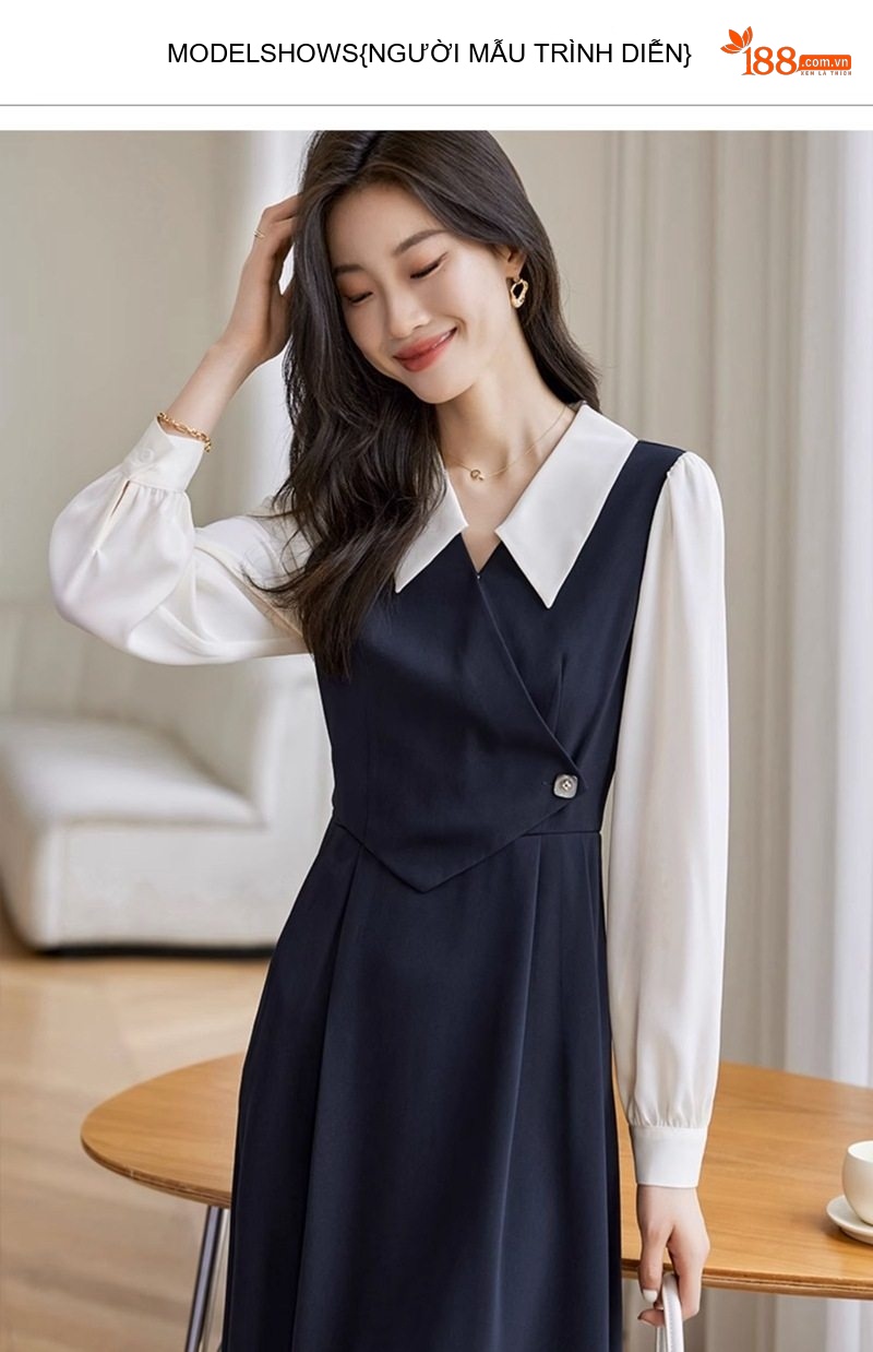 Váy liền thân Nữ dáng chữ A Thiết Kế Giả Hai Lớp Tay Dài Cổ Sơ Mi Thanh Lịch Màu Đen, Trắng chi tiết 15