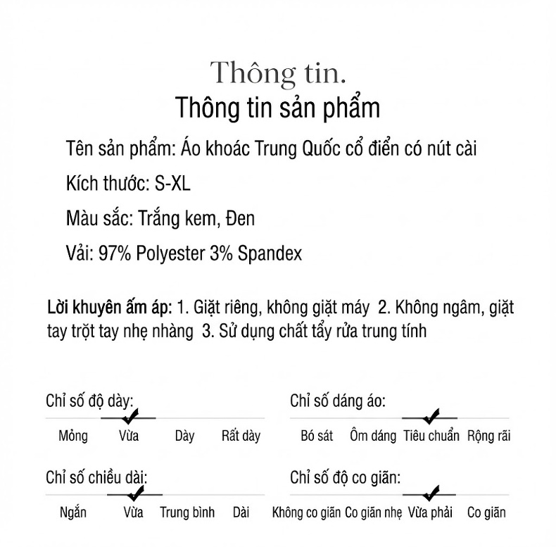Áo Khoác Lửng Trung Hoa Cổ Điển Tay Dài Khuy Nút Thắt Jacquard Màu Trắng, Đen chi tiết 14