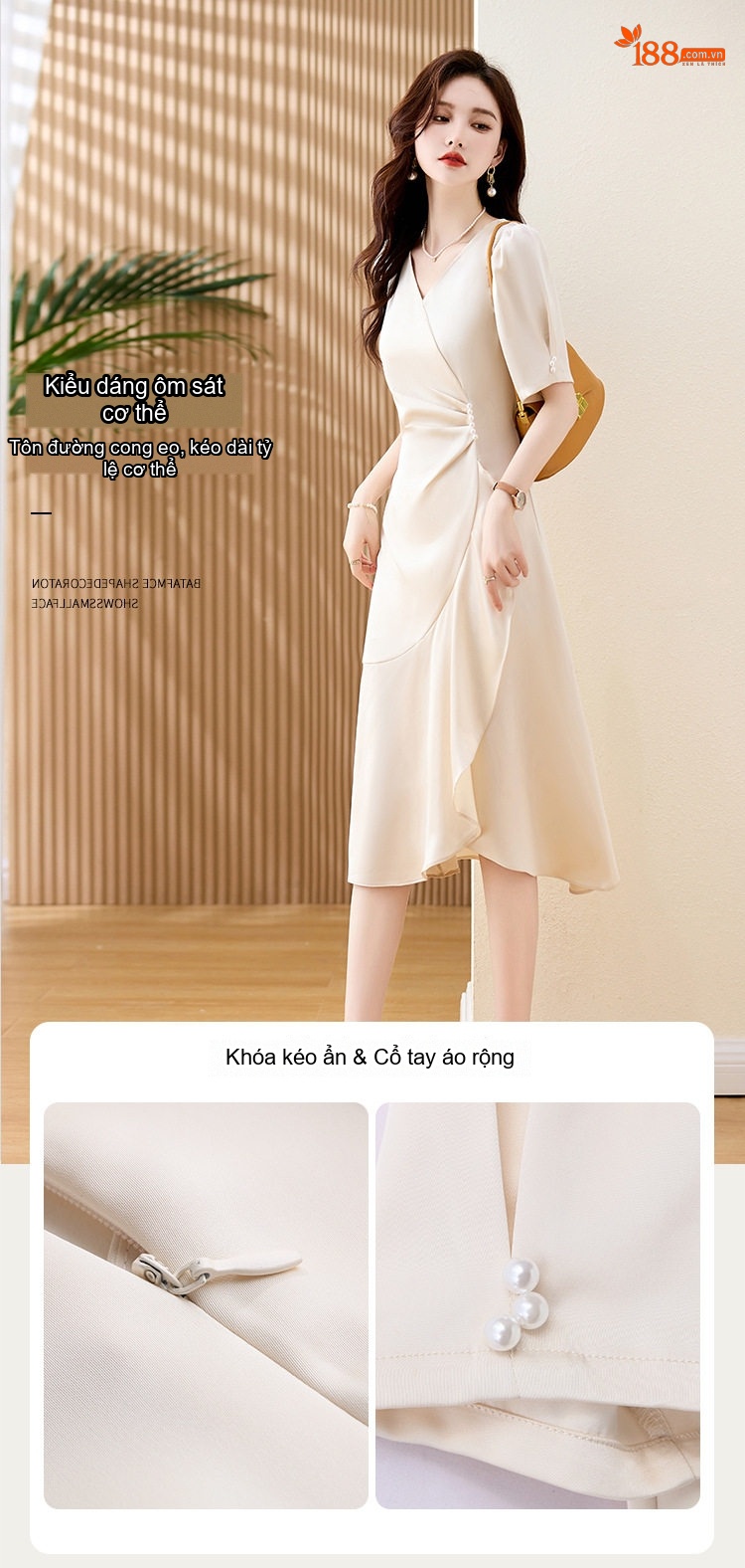 Váy Đầm Nữ Cổ chữ V Wrap Kiểu Dáng Thanh Lịch Màu Trắng, Đỏ, Đen chi tiết 7