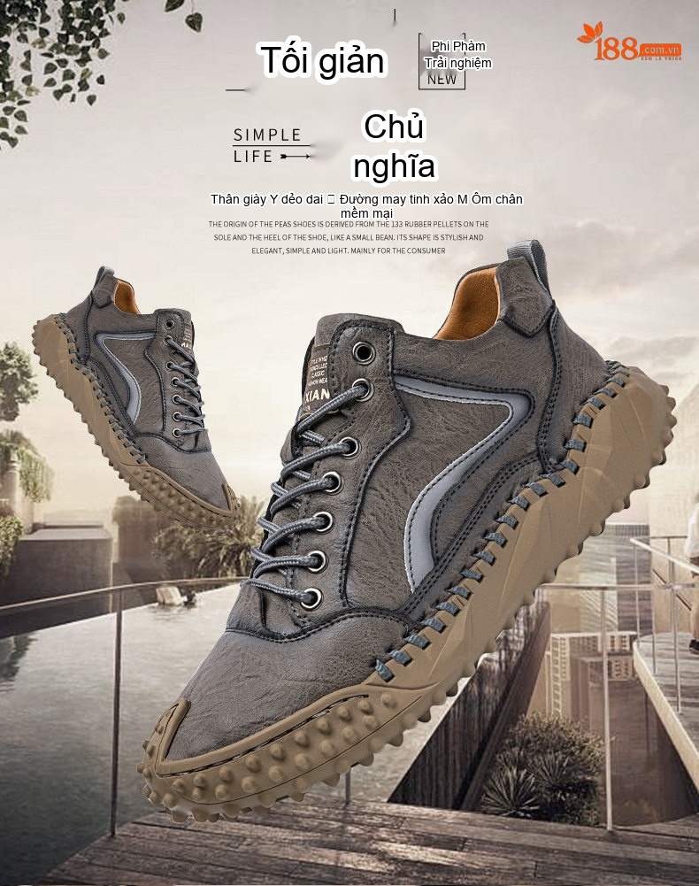Giày Da Nam Lớn Size Thủ Công Buộc Dây Chiều Cao Đế Khoảng 3cm Màu Nâu, Xám, Đen chi tiết 1