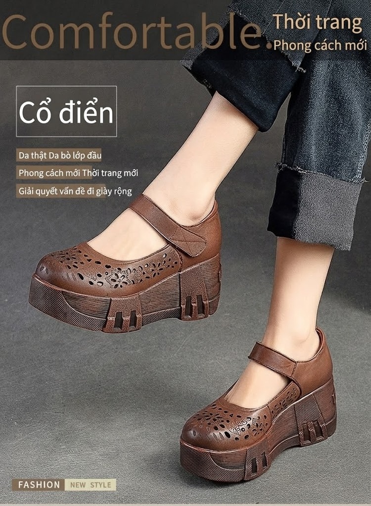 Dép Sandal Nữ Quai Dán Đế Bệt Phong Cách Retro Thoáng Khí Đế Cao 5cm - 6cm Màu Nâu, Kem chi tiết 1