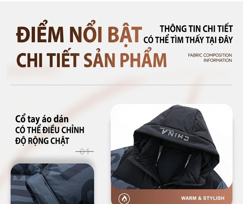 Áo Khoác Phao Nam Dáng Ngắn Dày Dặn Lông Vũ Trắng 90% Màu Đen, Đỏ chi tiết 15
