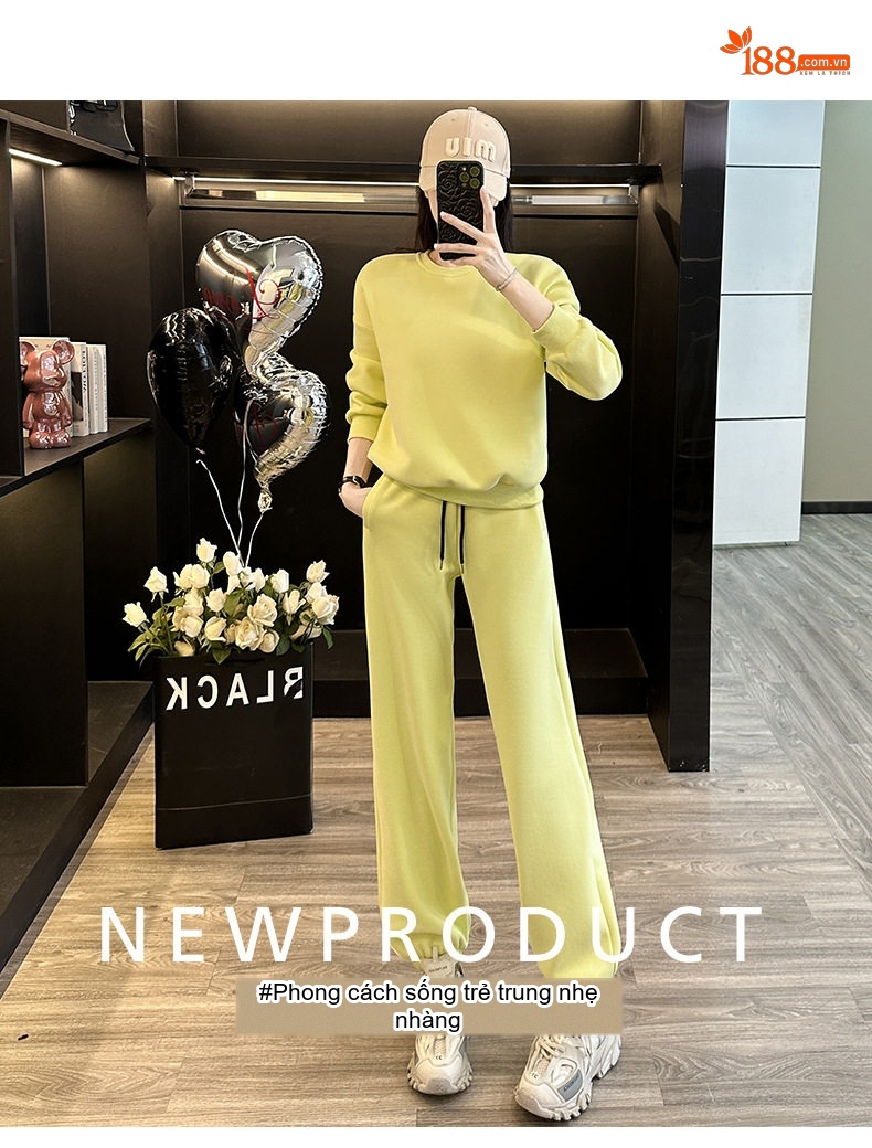 Bộ đồ nữ mùa đông cổ tròn phong cách Hàn Quốc dệt kim lót lông dày dặn chi tiết 1