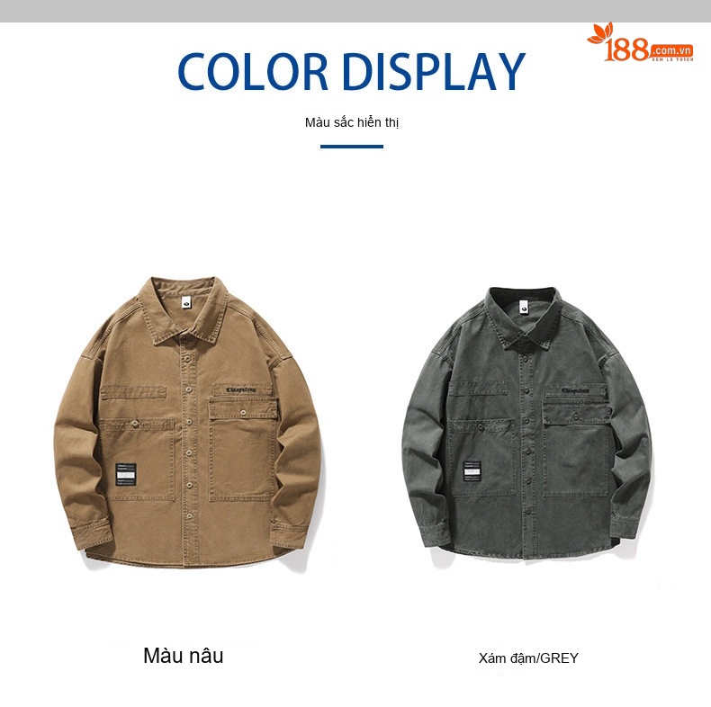Áo Sơ Mi Dài Tay Nam Cotton Dáng Rộng Phong Cách Mỹ Retro Màu Xanh Olive, Nâu chi tiết 2